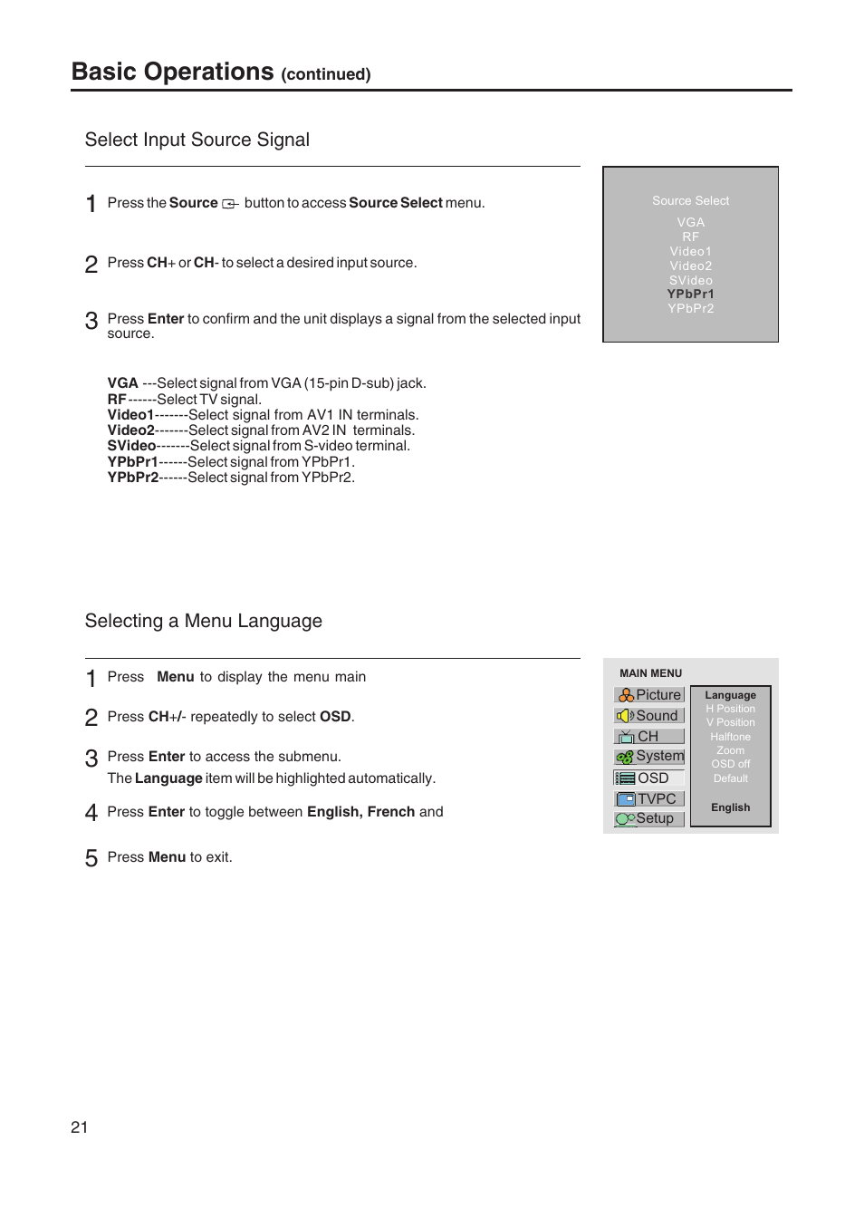 Basic operations, Selecting a menu language, Select input source signal | Sanyo AVP-428 User Manual | Page 24 / 44