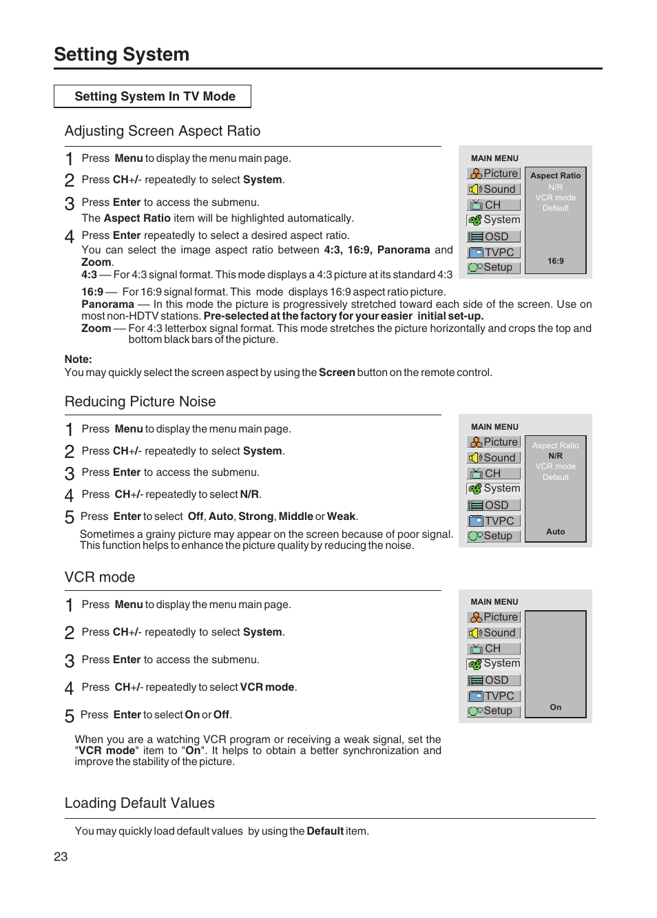 Setting system, Adjusting screen aspect ratio, Reducing picture noise | Vcr mode, Loading default values | Sanyo AVP-428 User Manual | Page 26 / 44