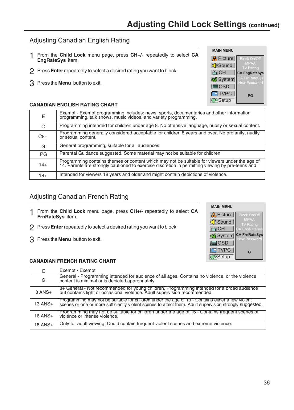 Adjusting child lock settings, Adjusting canadian english rating, Adjusting canadian french rating | Sanyo AVP-428 User Manual | Page 39 / 44