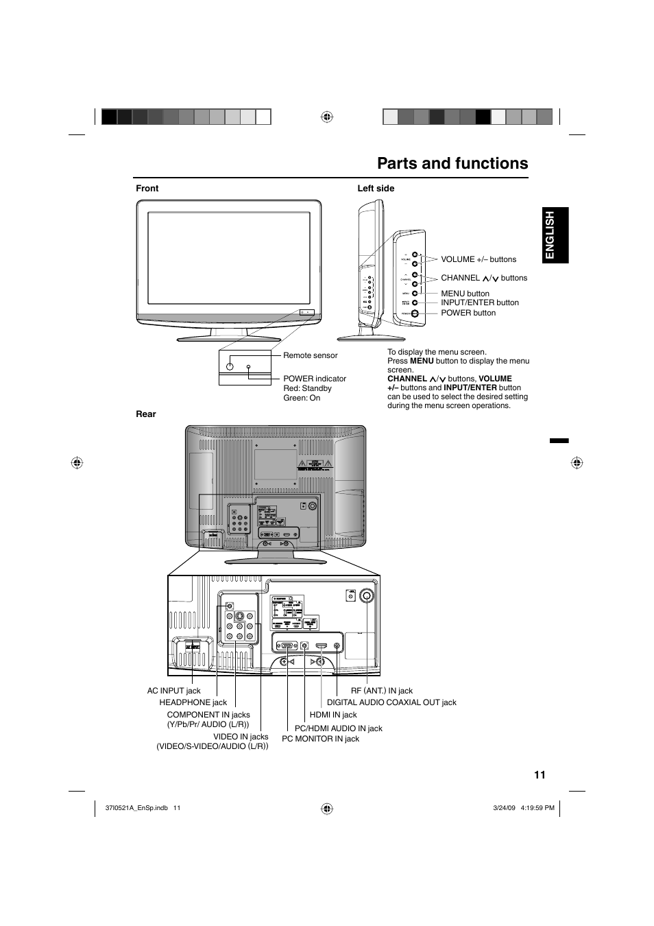 Parts and functions, 11 english | Sanyo DP19649 User Manual | Page 11 / 60