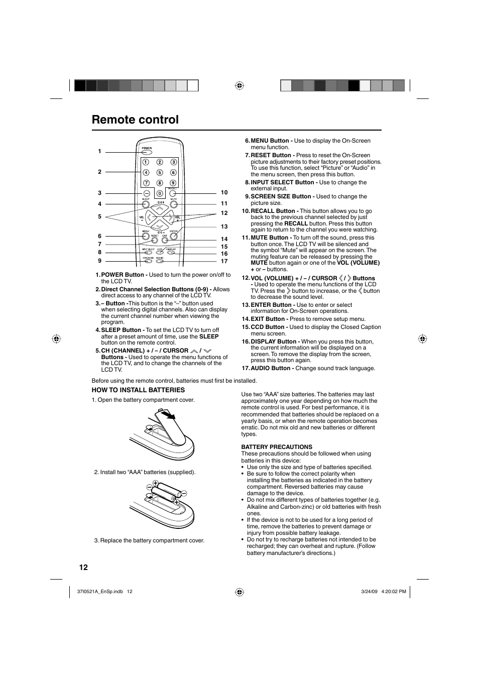 Remote control | Sanyo DP19649 User Manual | Page 12 / 60