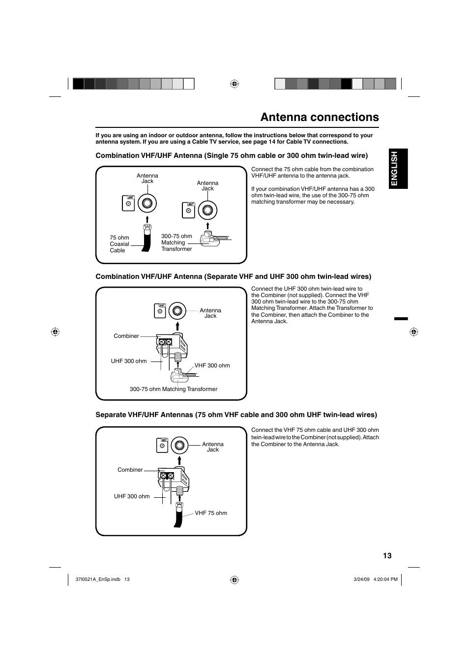 Antenna connections, 13 english | Sanyo DP19649 User Manual | Page 13 / 60