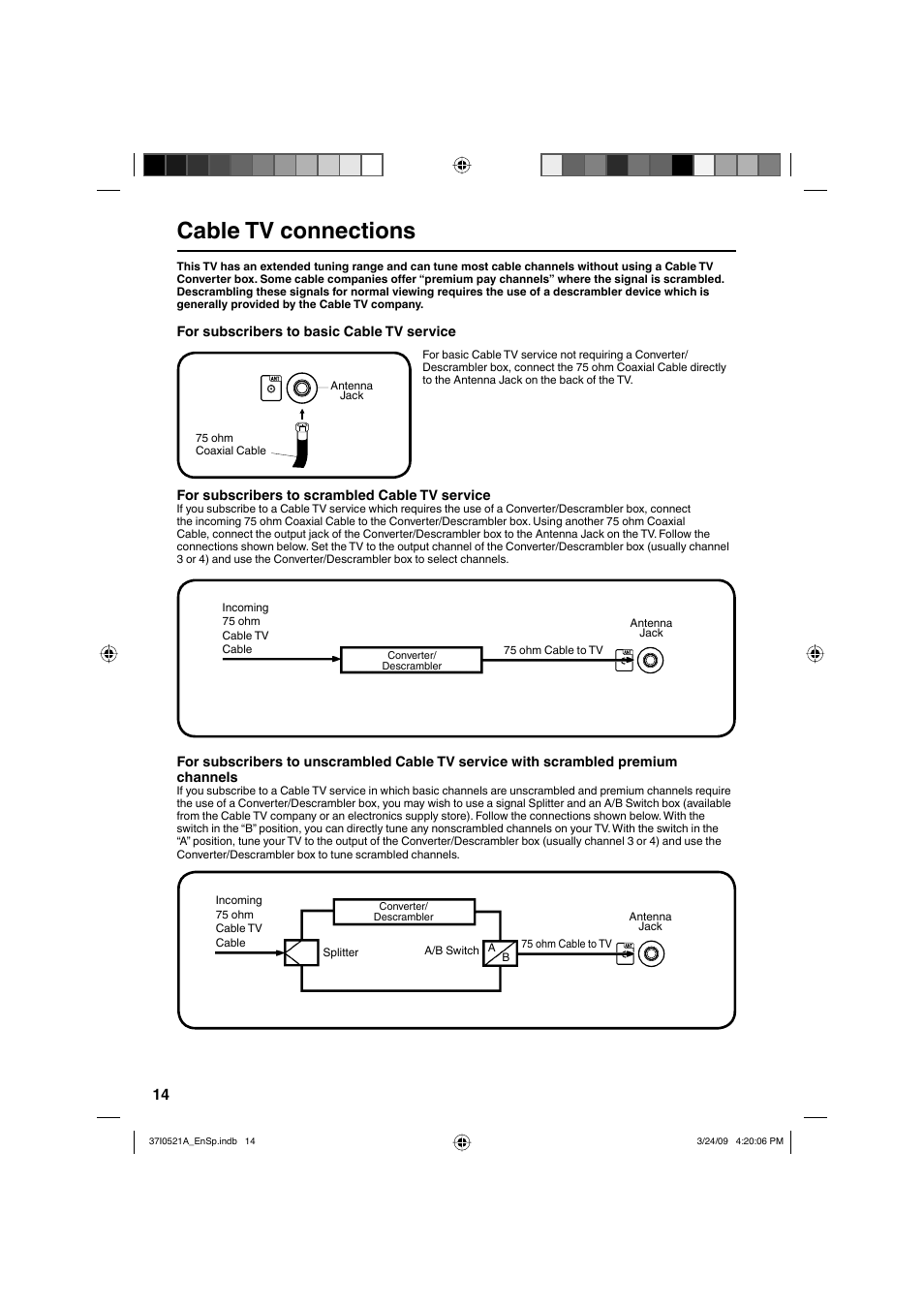 Cable tv connections | Sanyo DP19649 User Manual | Page 14 / 60