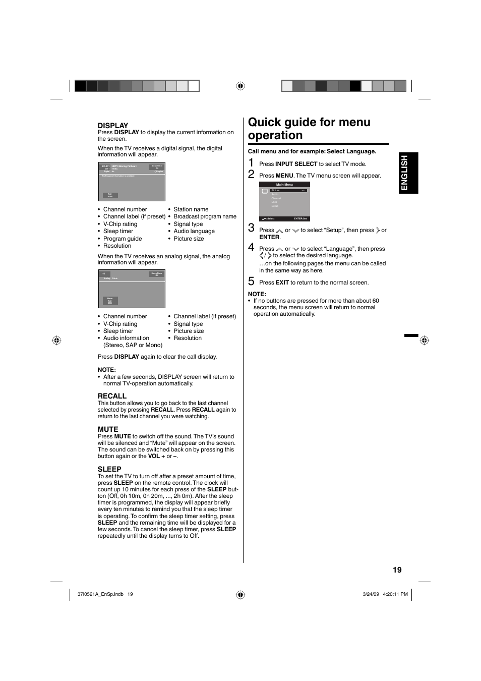 Quick guide for menu operation, 19 english, Display | Recall, Mute, Sleep | Sanyo DP19649 User Manual | Page 19 / 60