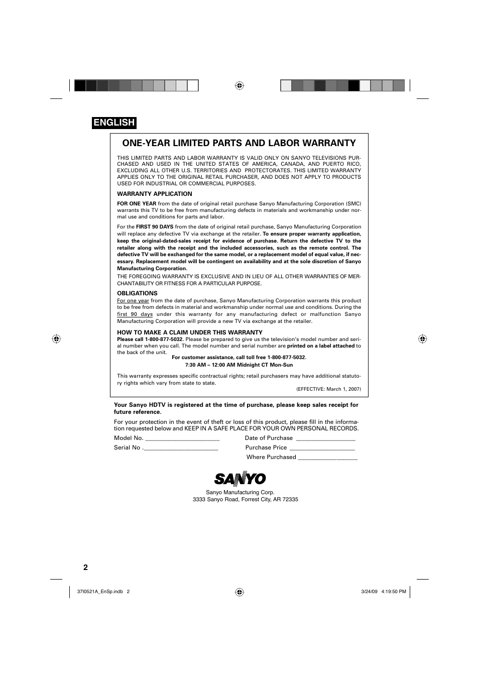 One-year limited parts and labor warranty, English | Sanyo DP19649 User Manual | Page 2 / 60