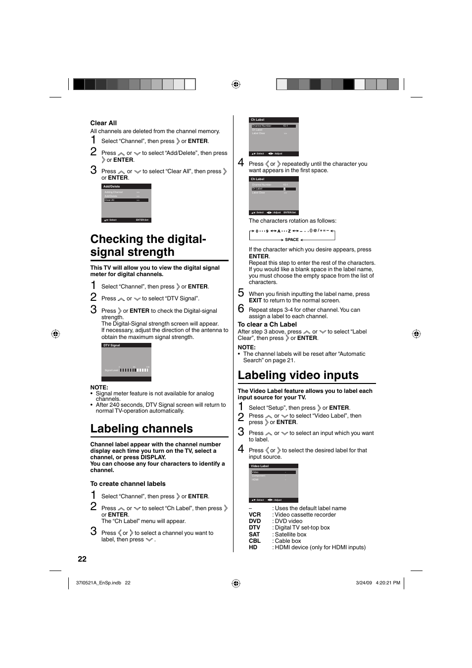 Checking the digital- signal strength, Labeling channels, Labeling video inputs | Sanyo DP19649 User Manual | Page 22 / 60