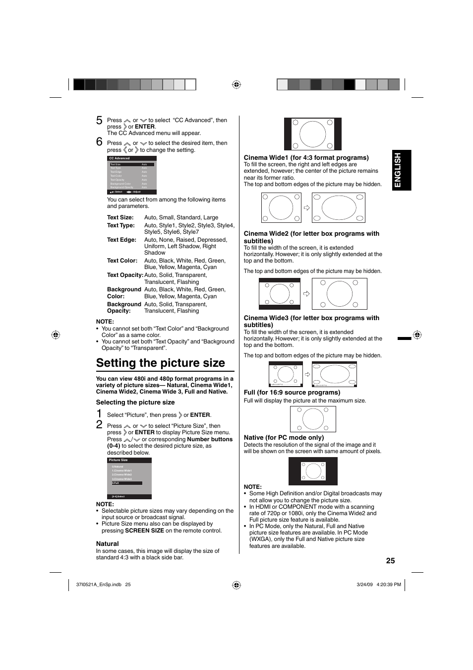 Setting the picture size, 25 english | Sanyo DP19649 User Manual | Page 25 / 60