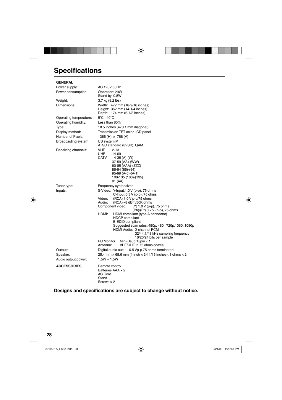 Specifications | Sanyo DP19649 User Manual | Page 28 / 60