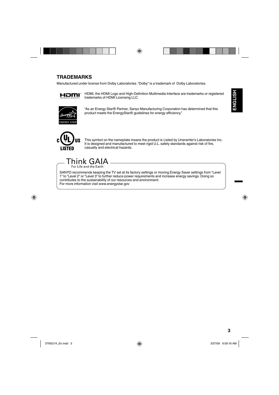 Trademarks, 3english | Sanyo DP19649 User Manual | Page 3 / 60