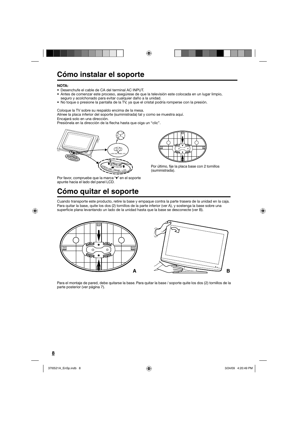 Cómo instalar el soporte, Cómo quitar el soporte | Sanyo DP19649 User Manual | Page 36 / 60