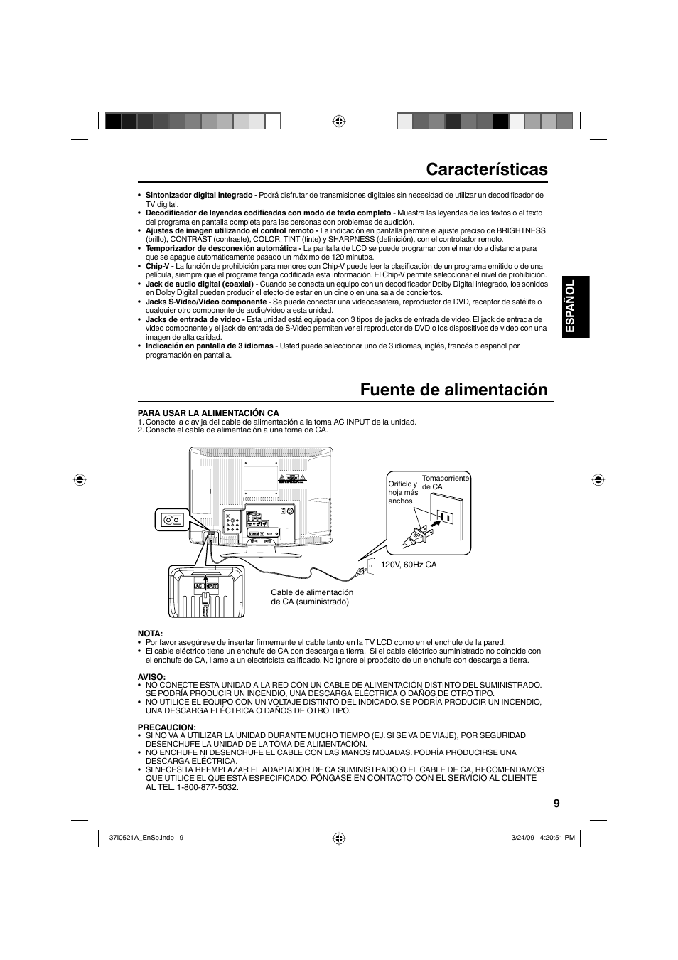 Características, Fuente de alimentación, Esp añol 9 | Sanyo DP19649 User Manual | Page 37 / 60