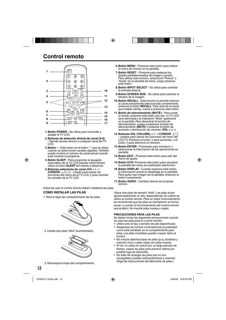 Control remoto | Sanyo DP19649 User Manual | Page 40 / 60