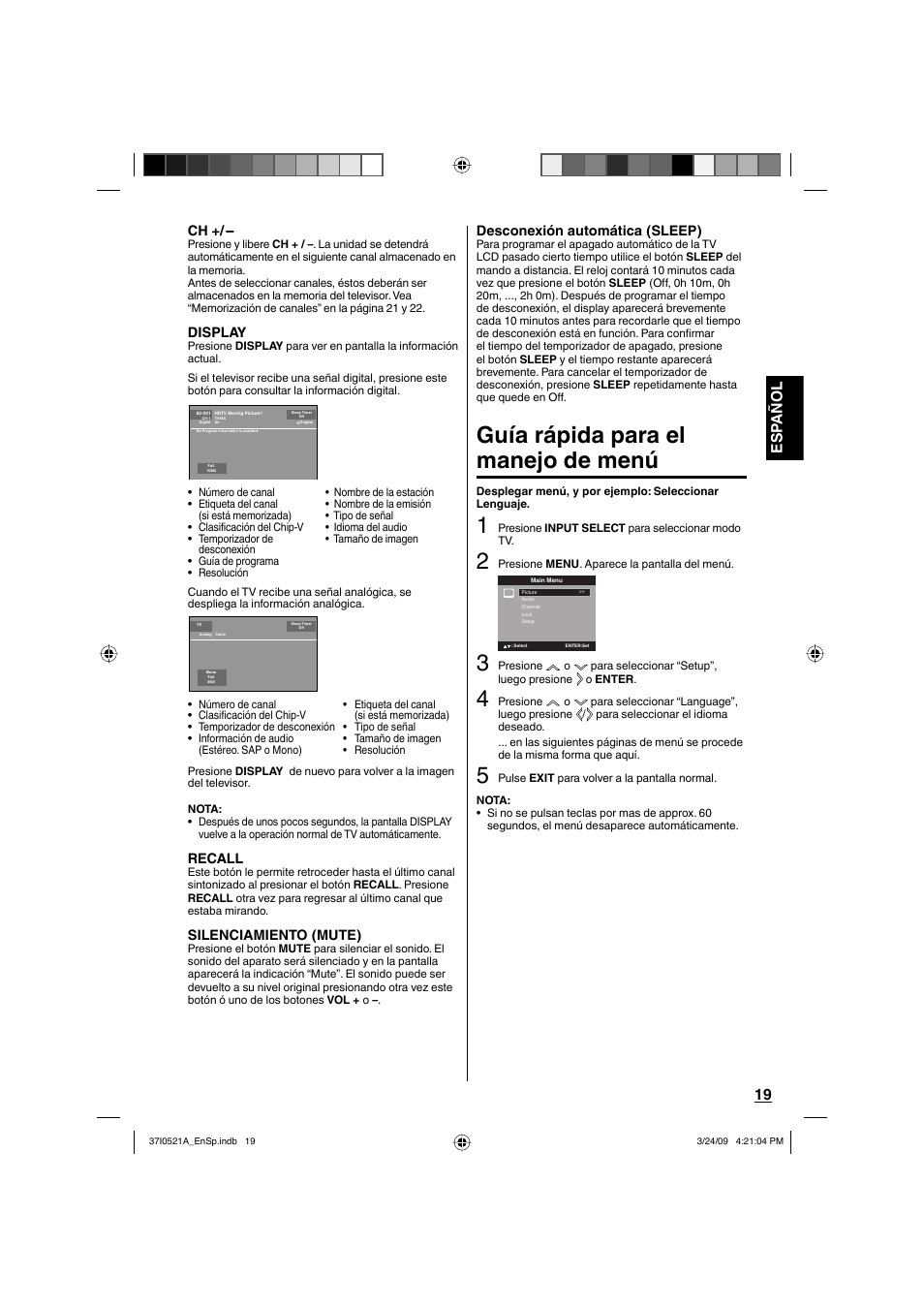 Guía rápida para el manejo de menú, Esp añol 19, Display | Recall, Silenciamiento (mute), Desconexión automática (sleep) | Sanyo DP19649 User Manual | Page 47 / 60