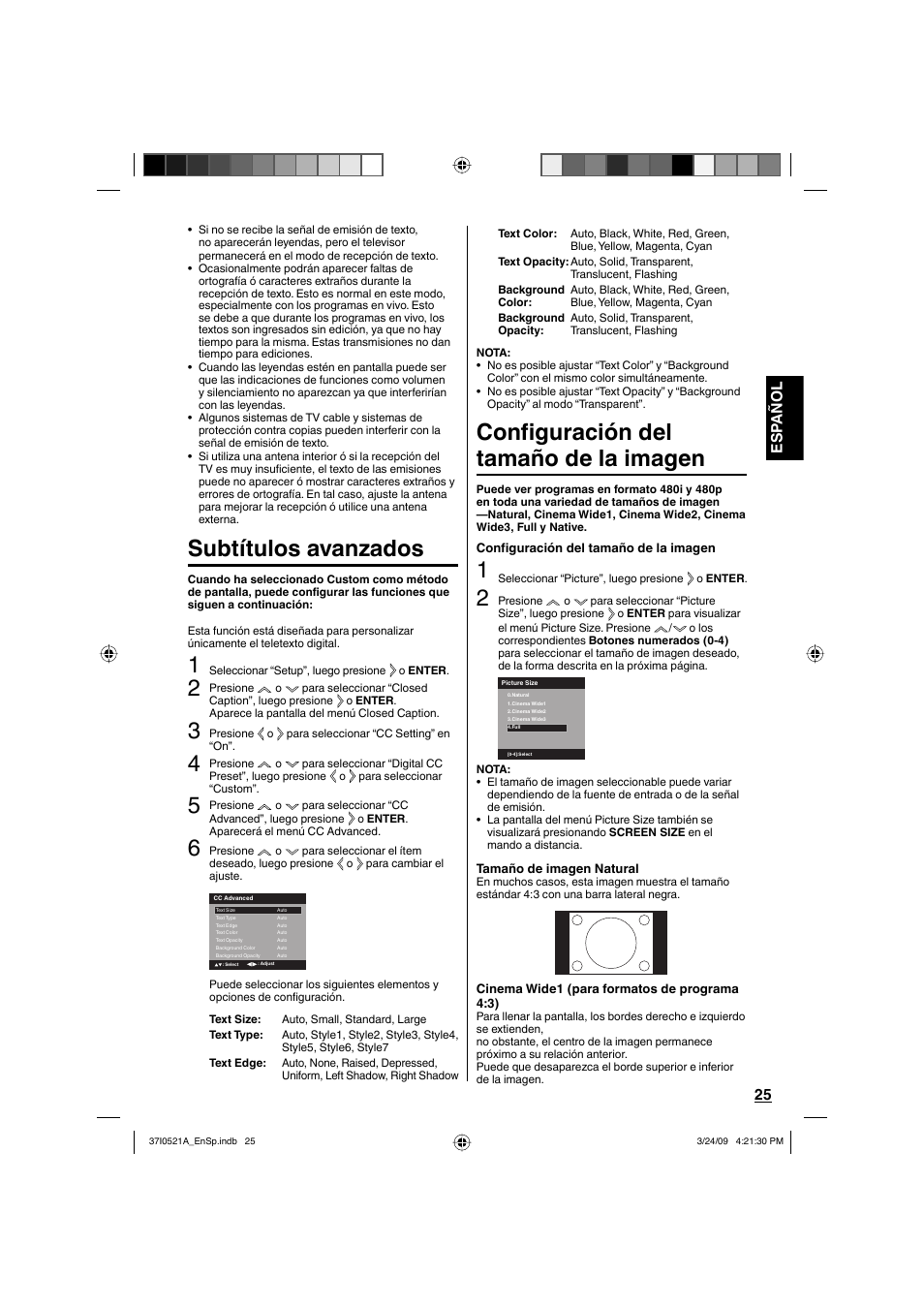 Subtítulos avanzados, Configuración del tamaño de la imagen, Esp añol 25 | Sanyo DP19649 User Manual | Page 53 / 60