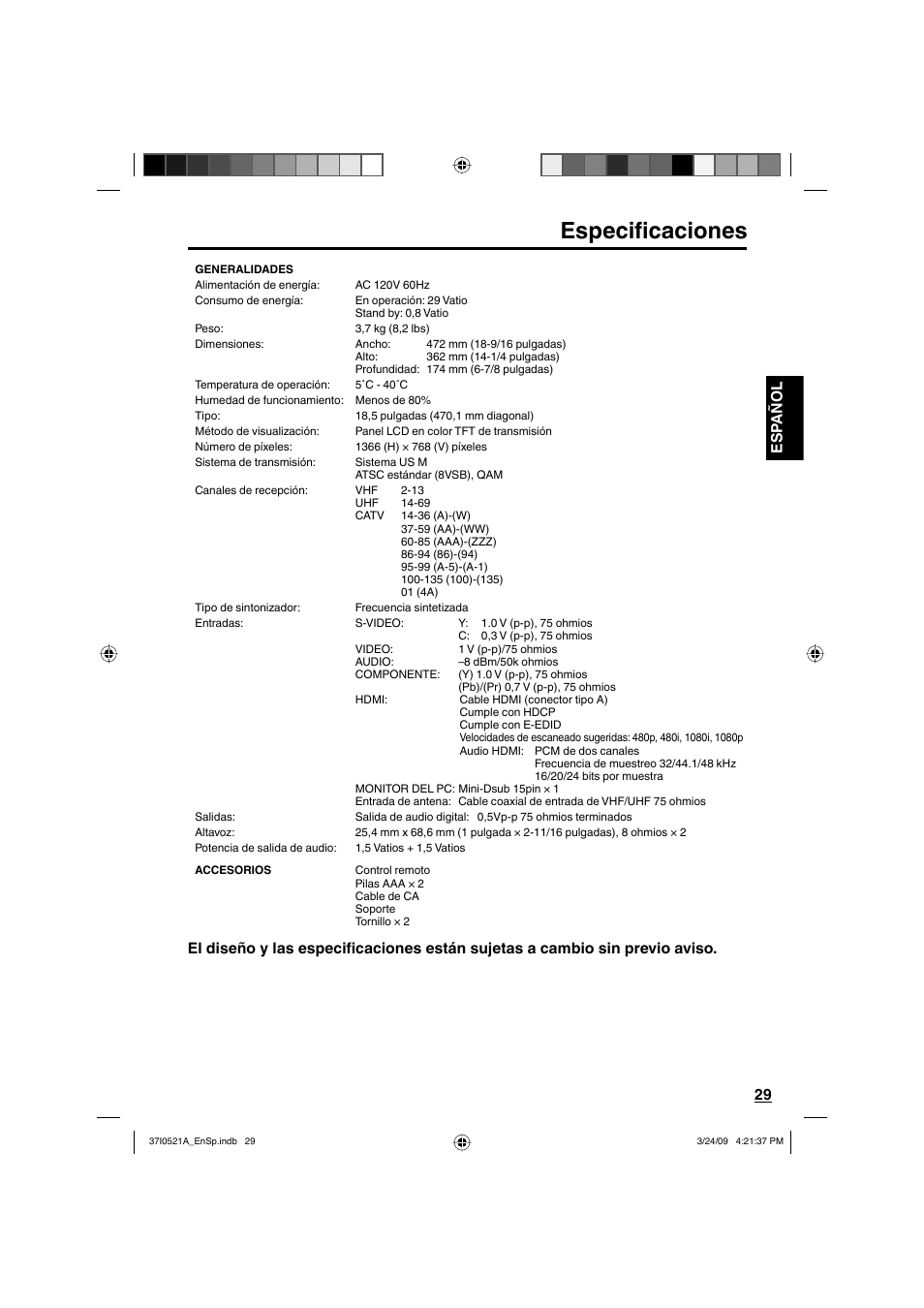 Especificaciones, Esp añol 29 | Sanyo DP19649 User Manual | Page 57 / 60