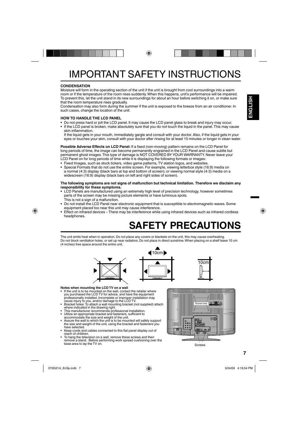 Important safety instructions, Safety precautions, 7english | Sanyo DP19649 User Manual | Page 7 / 60