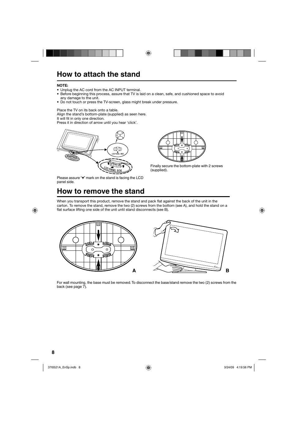 How to attach the stand, How to remove the stand | Sanyo DP19649 User Manual | Page 8 / 60