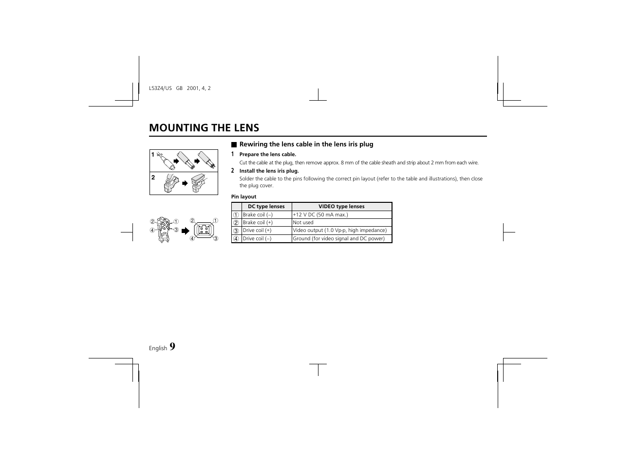 Mounting the lens | Sanyo VCC-4594 User Manual | Page 10 / 20