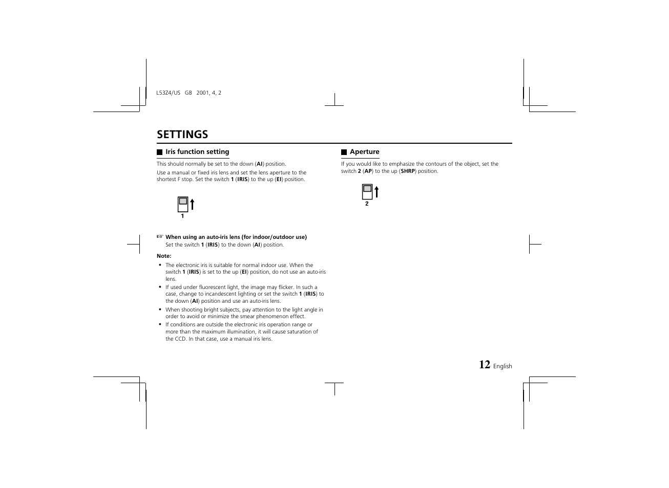 Settings | Sanyo VCC-4594 User Manual | Page 13 / 20