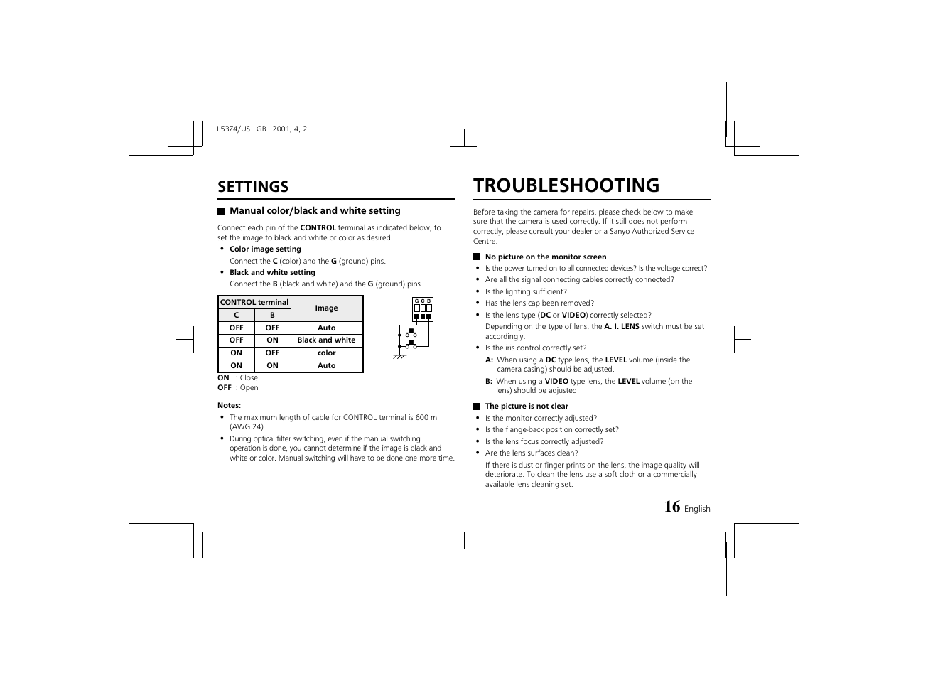 Troubleshooting, Settings | Sanyo VCC-4594 User Manual | Page 17 / 20