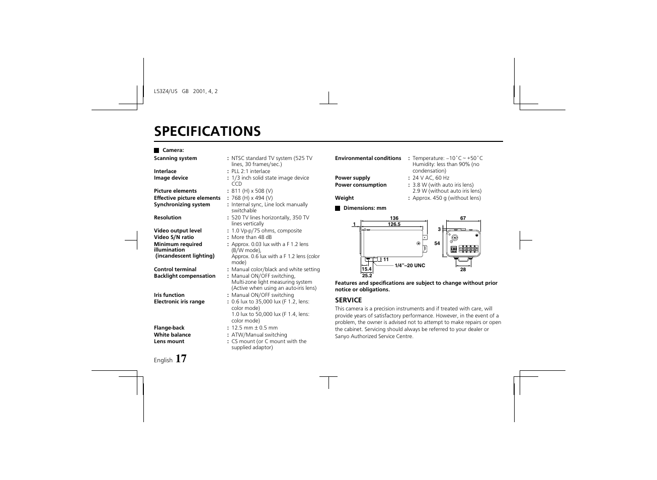 Specifications | Sanyo VCC-4594 User Manual | Page 18 / 20