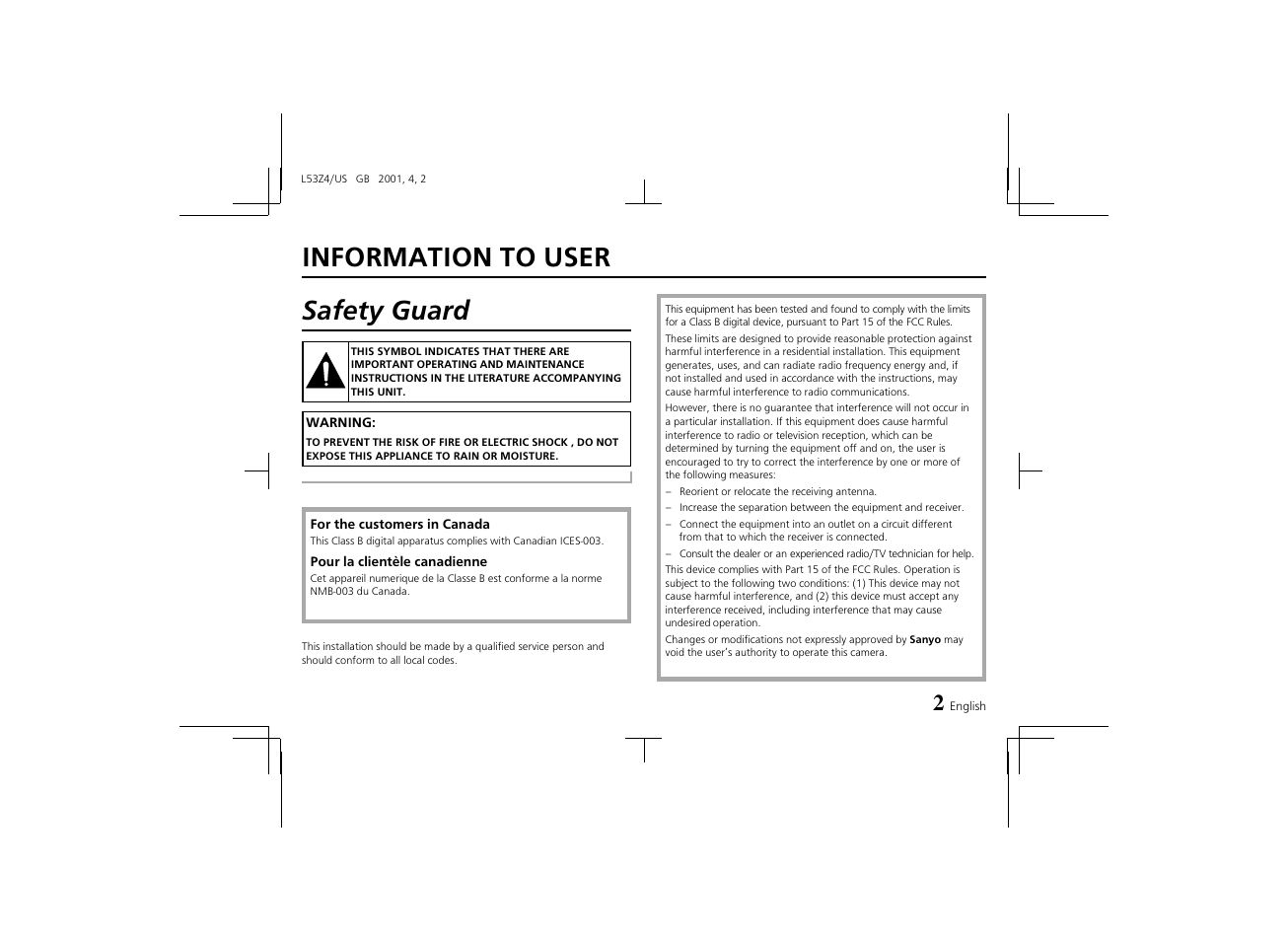 Information to user safety guard | Sanyo VCC-4594 User Manual | Page 3 / 20