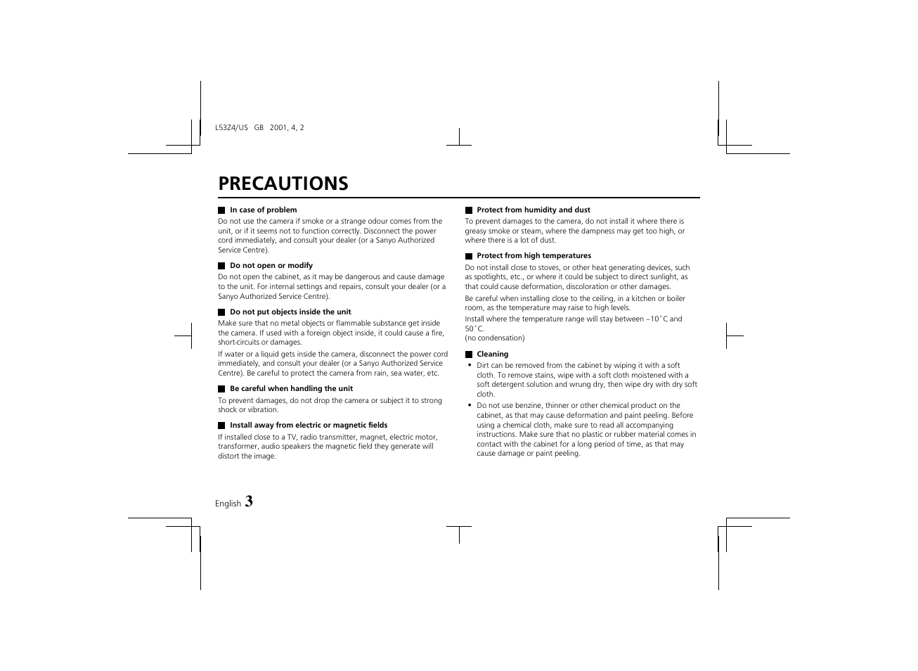 Precautions | Sanyo VCC-4594 User Manual | Page 4 / 20