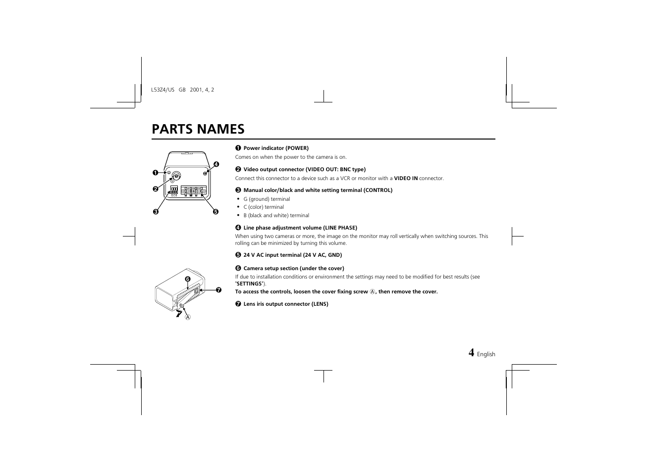 Parts names | Sanyo VCC-4594 User Manual | Page 5 / 20