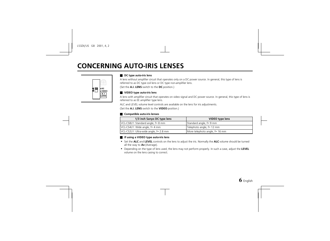 Concerning auto-iris lenses | Sanyo VCC-4594 User Manual | Page 7 / 20
