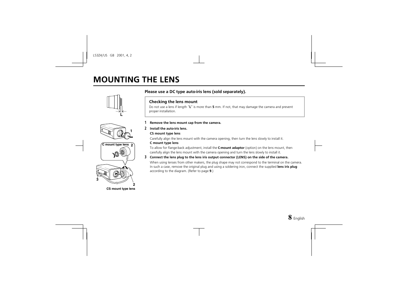 Mounting the lens | Sanyo VCC-4594 User Manual | Page 9 / 20