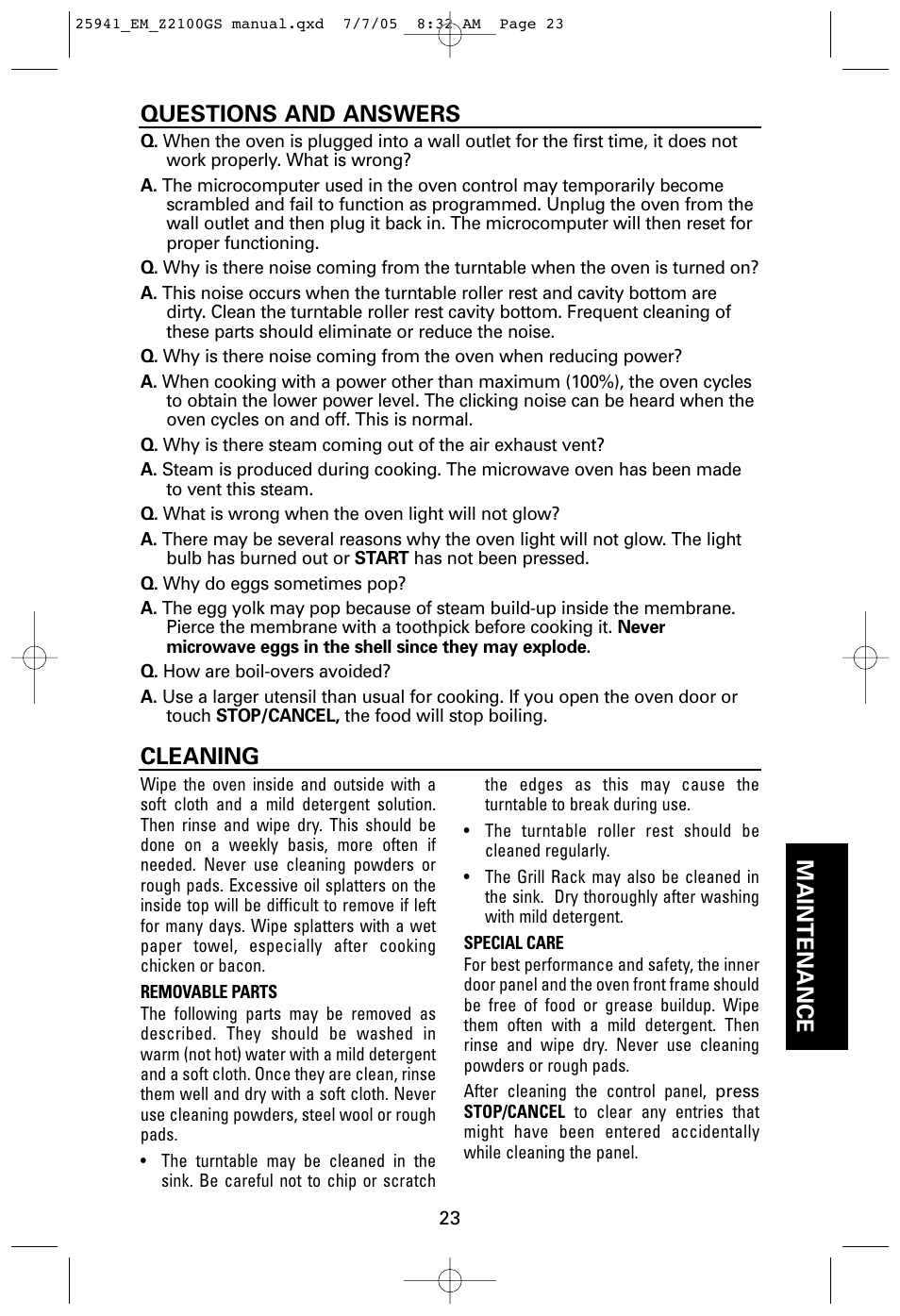 Questions and answers, Cleaning, Maintenance | Sanyo EM-Z2100GS User Manual | Page 23 / 40