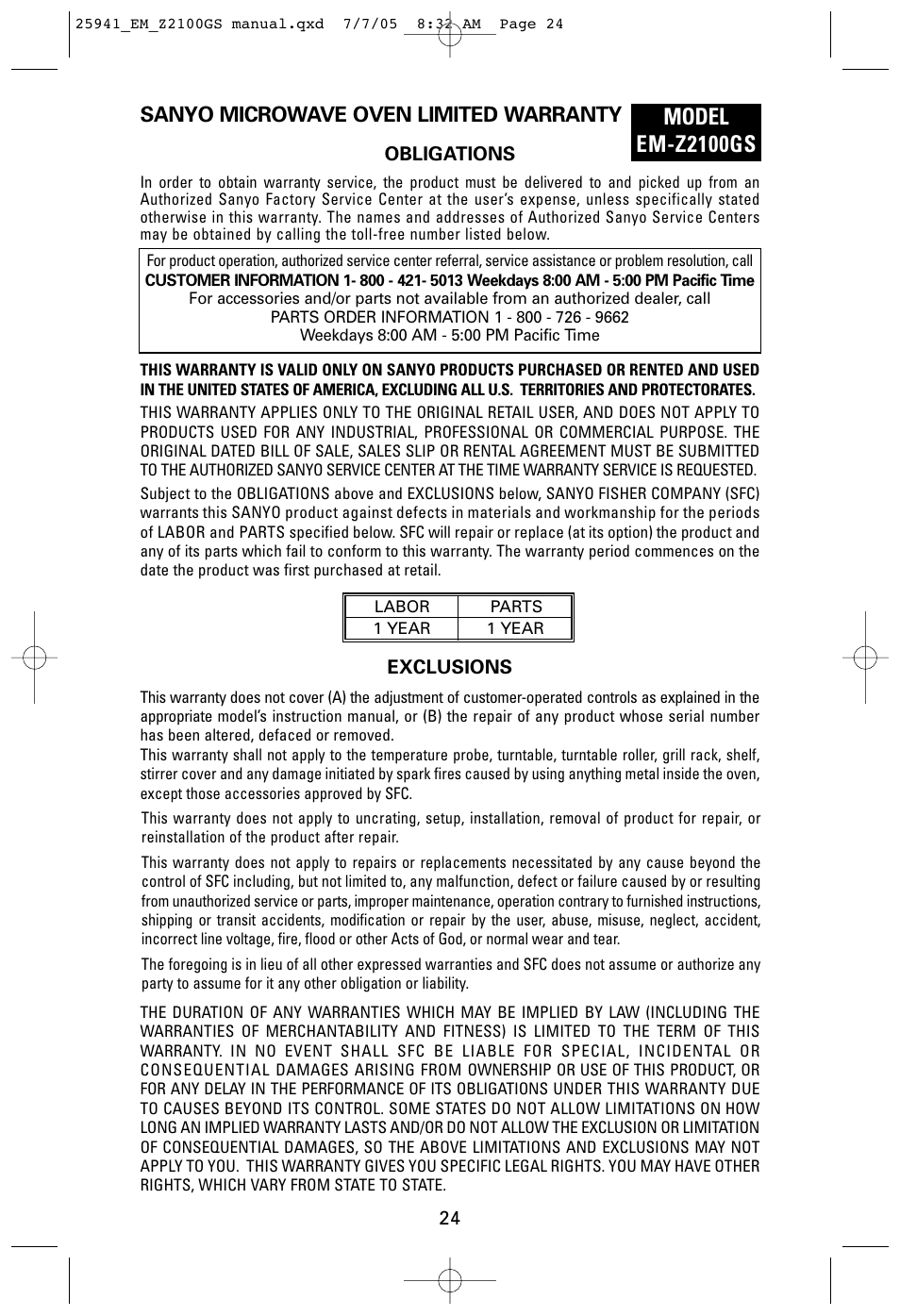 Model em-z2100gs, Sanyo microwave oven limited warranty | Sanyo EM-Z2100GS User Manual | Page 24 / 40