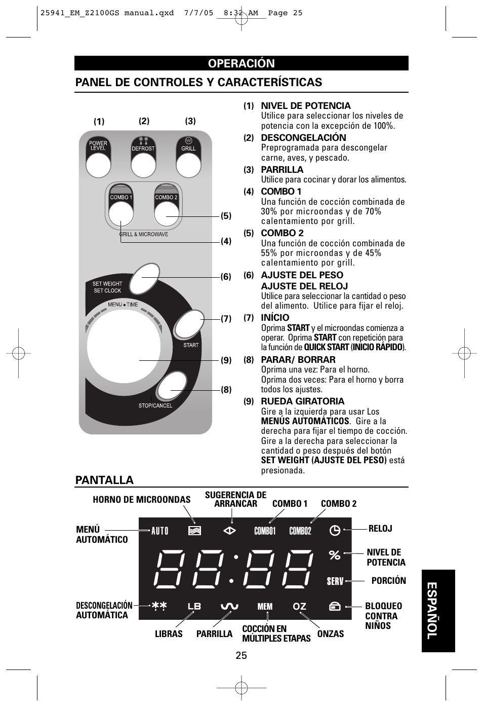 Esp añol, Operación panel de controles y características, Pantalla | Sanyo EM-Z2100GS User Manual | Page 25 / 40