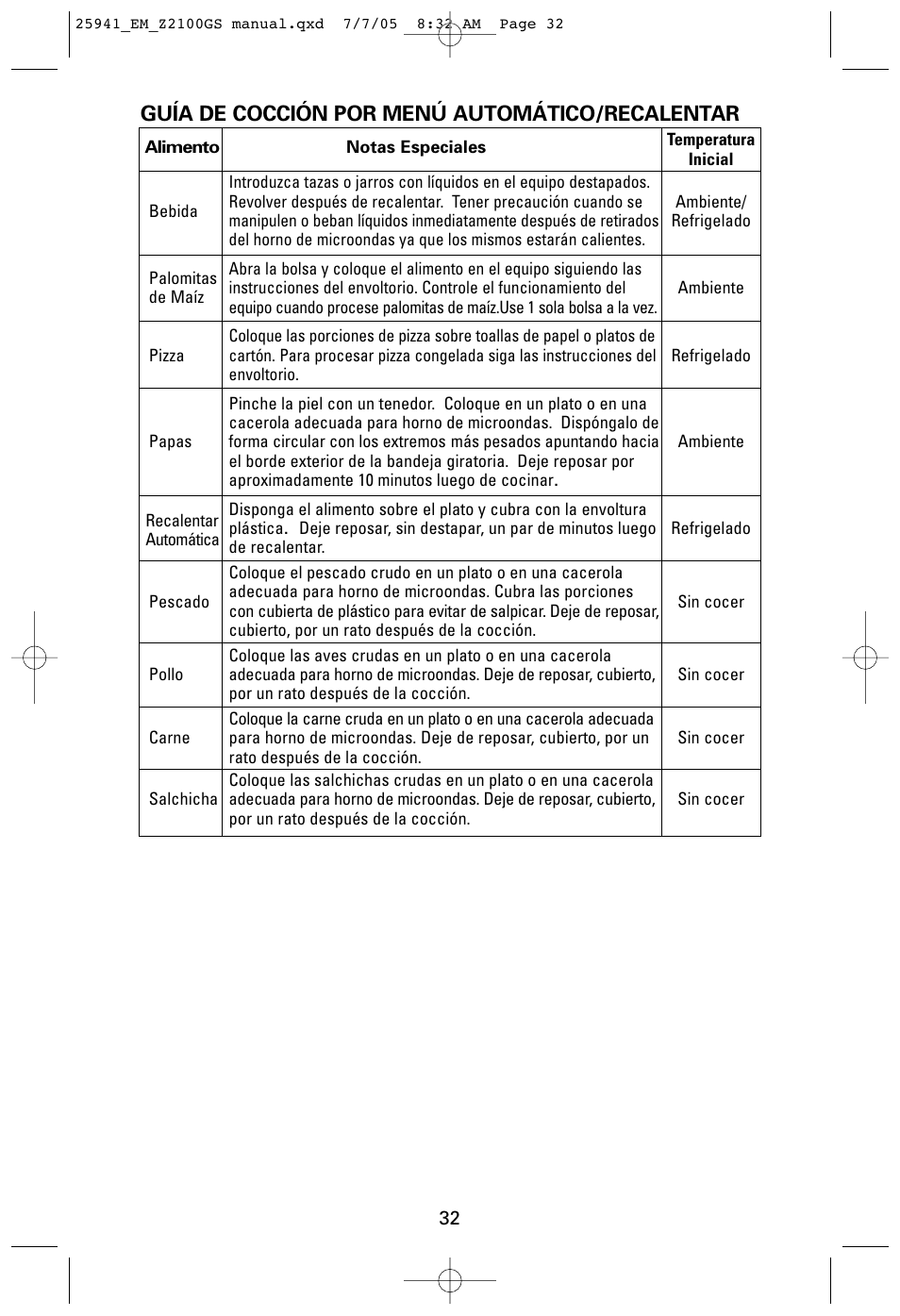 Guía de cocción por menú automático/recalentar | Sanyo EM-Z2100GS User Manual | Page 32 / 40