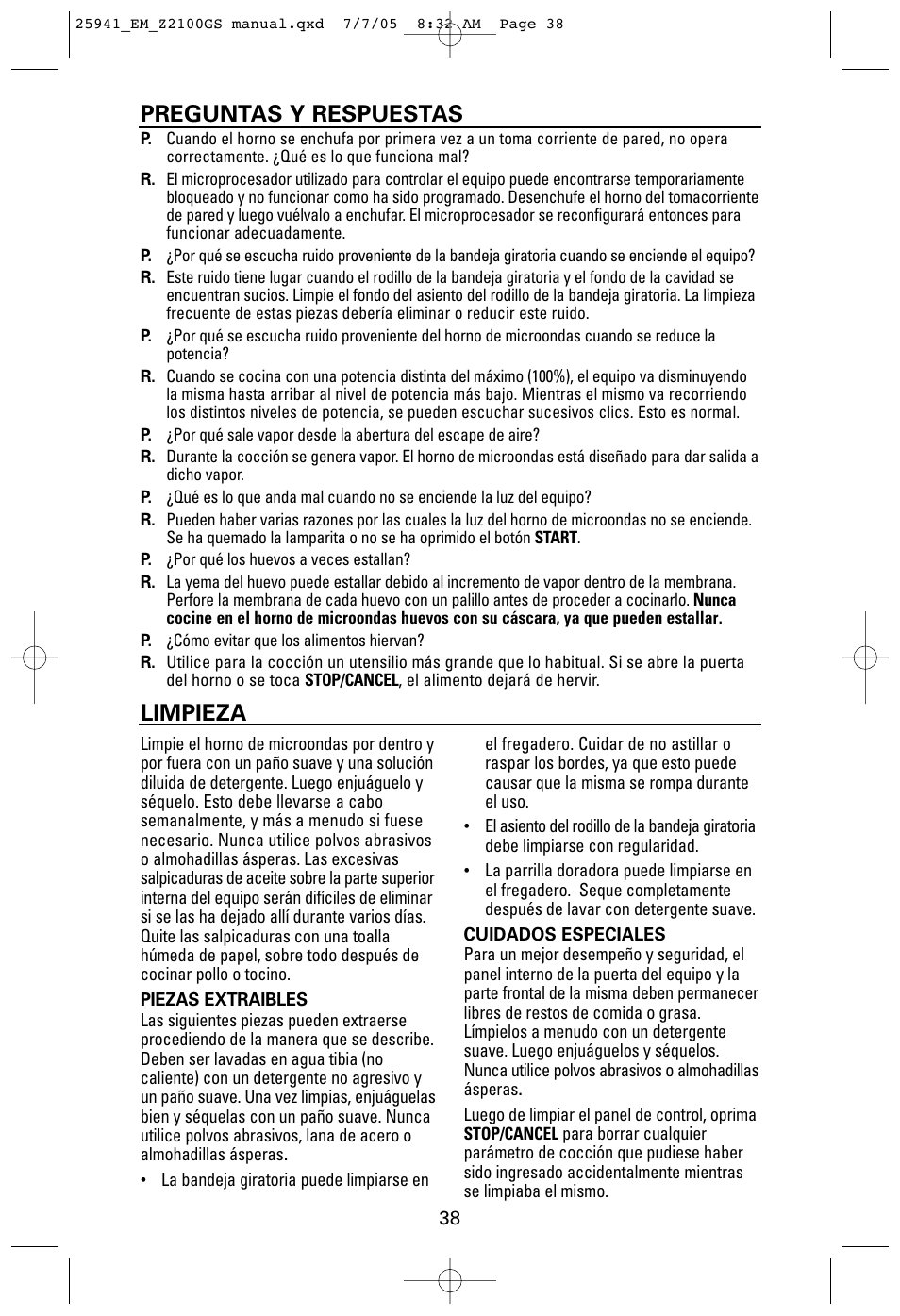 Preguntas y respuestas, Limpieza | Sanyo EM-Z2100GS User Manual | Page 38 / 40