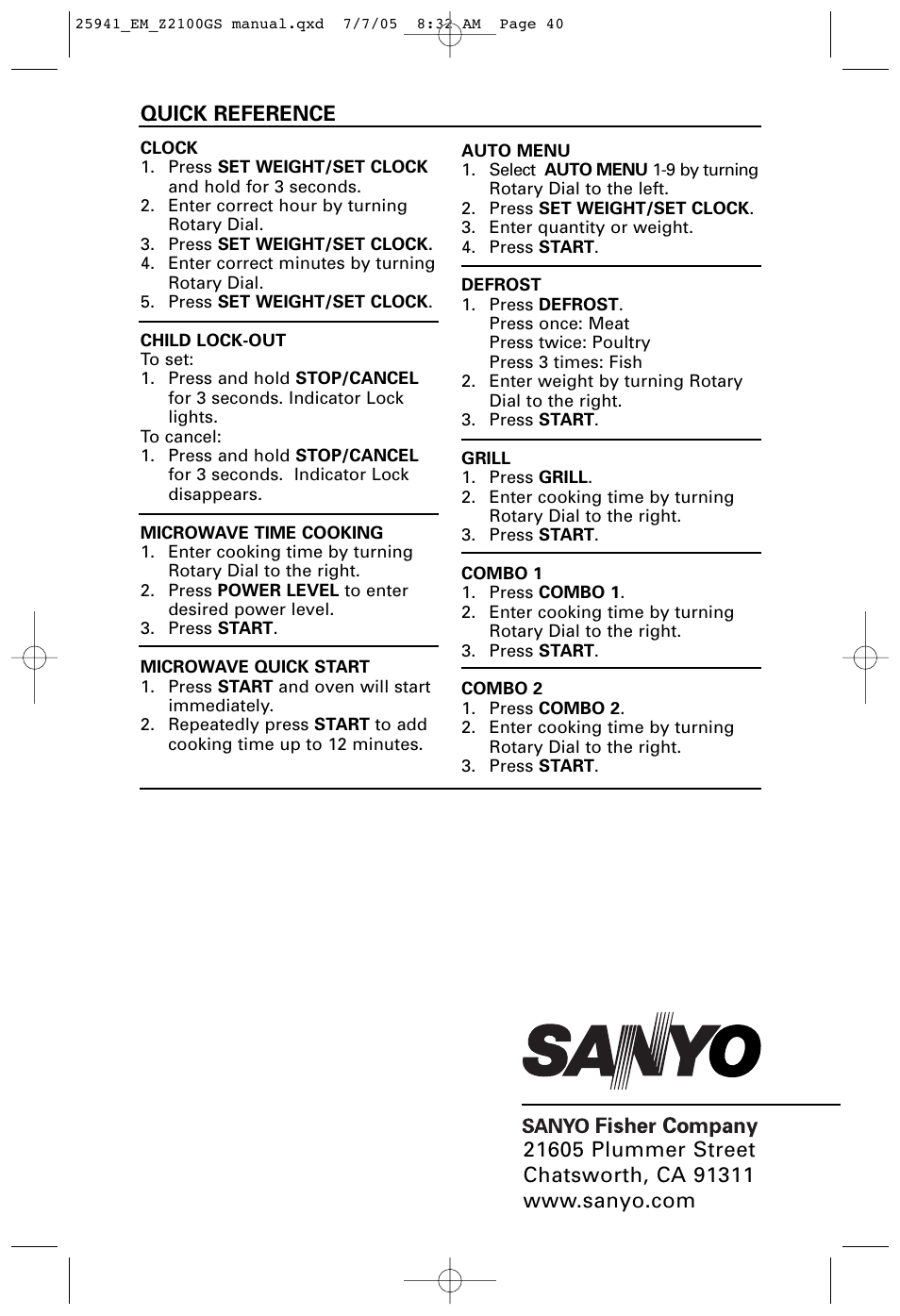 Quick reference | Sanyo EM-Z2100GS User Manual | Page 40 / 40