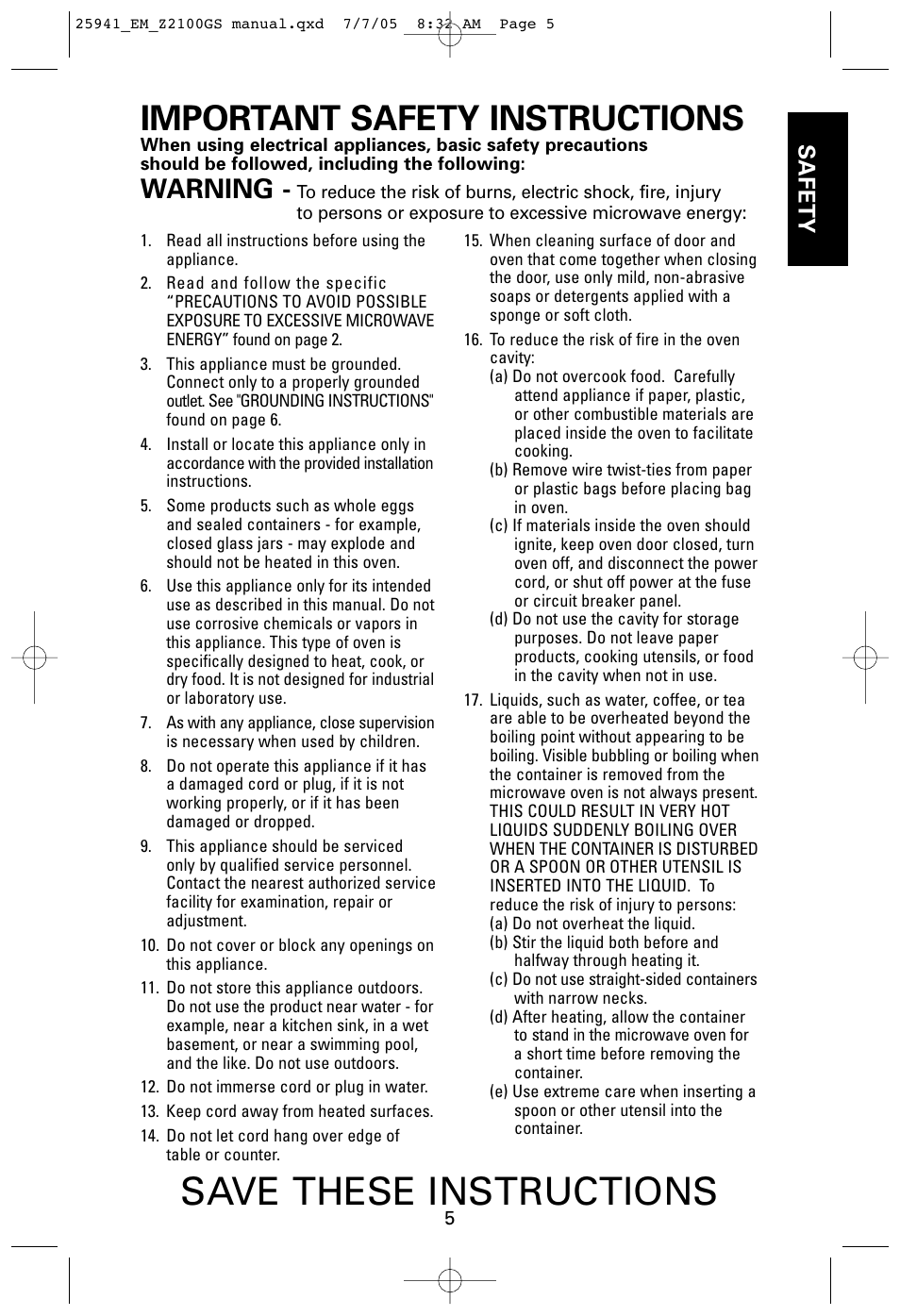 Save these instructions, Important safety instructions, Warning | Safety | Sanyo EM-Z2100GS User Manual | Page 5 / 40