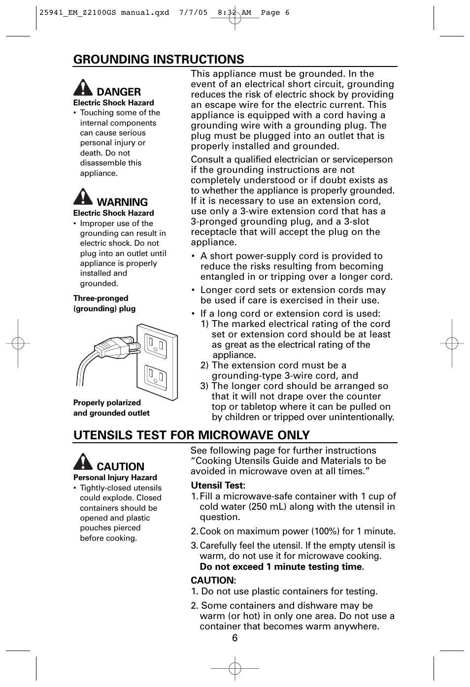 Grounding instructions, Utensils test for microwave only | Sanyo EM-Z2100GS User Manual | Page 6 / 40