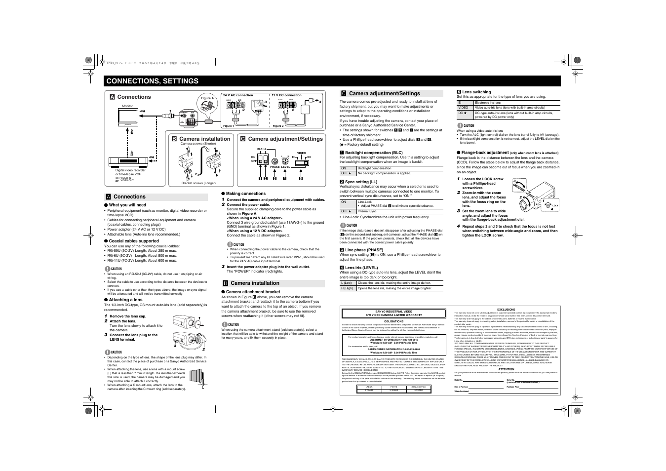 Connections, settings | Sanyo VCB-3384 User Manual | Page 2 / 2