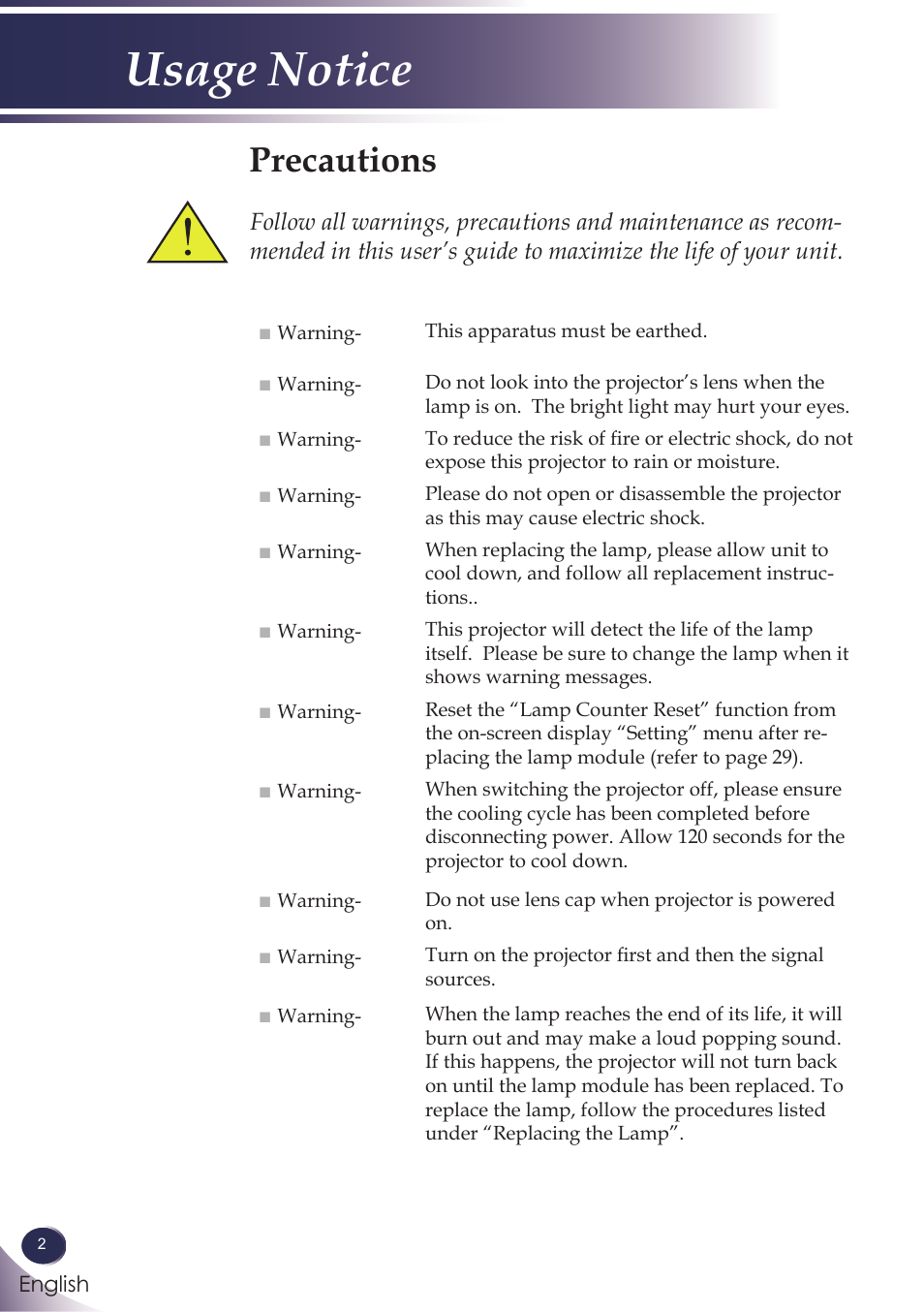 Usage notice, Precautions | Sanyo PDG-DXL100 User Manual | Page 3 / 63