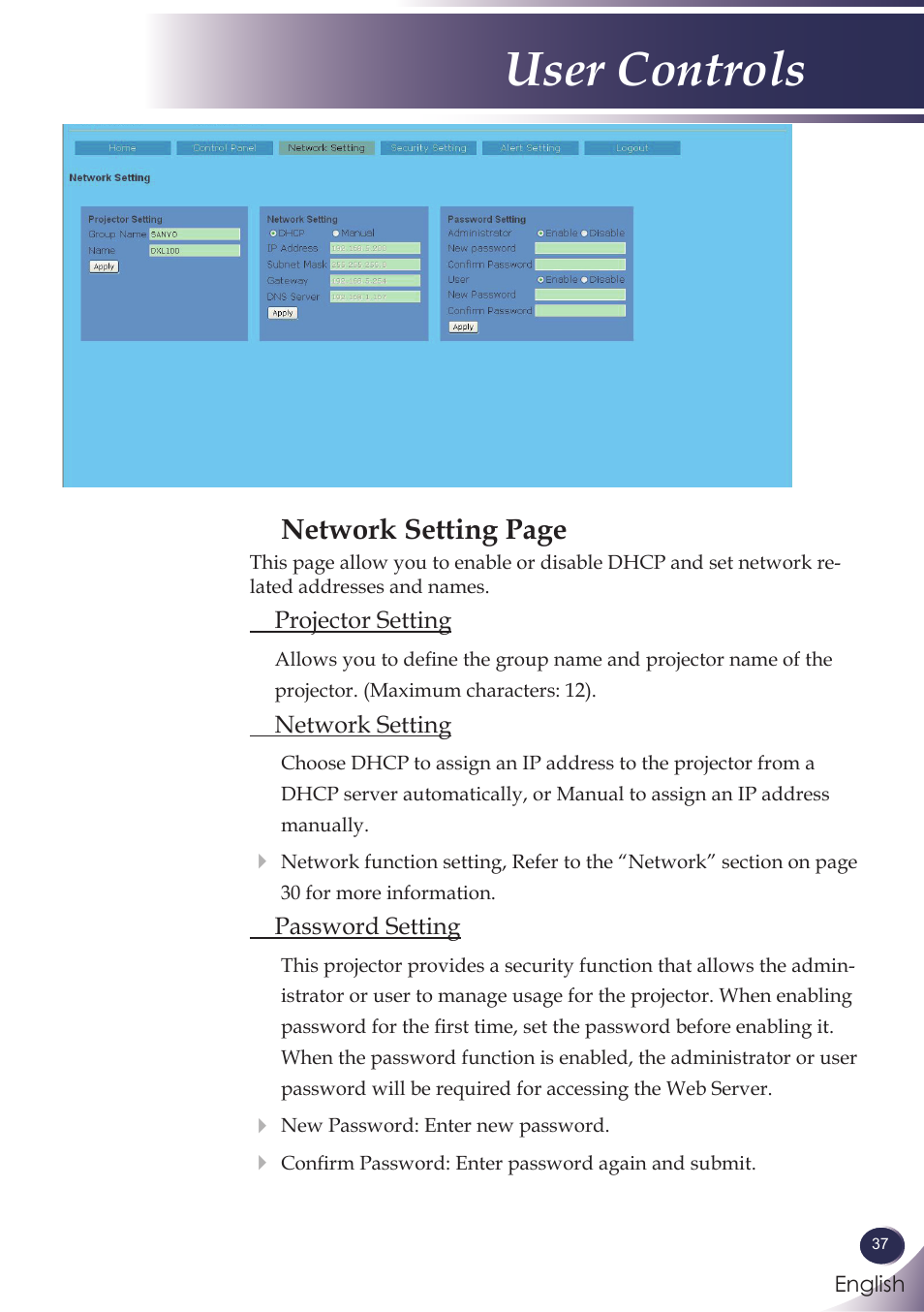 User controls, Network setting page | Sanyo PDG-DXL100 User Manual | Page 38 / 63