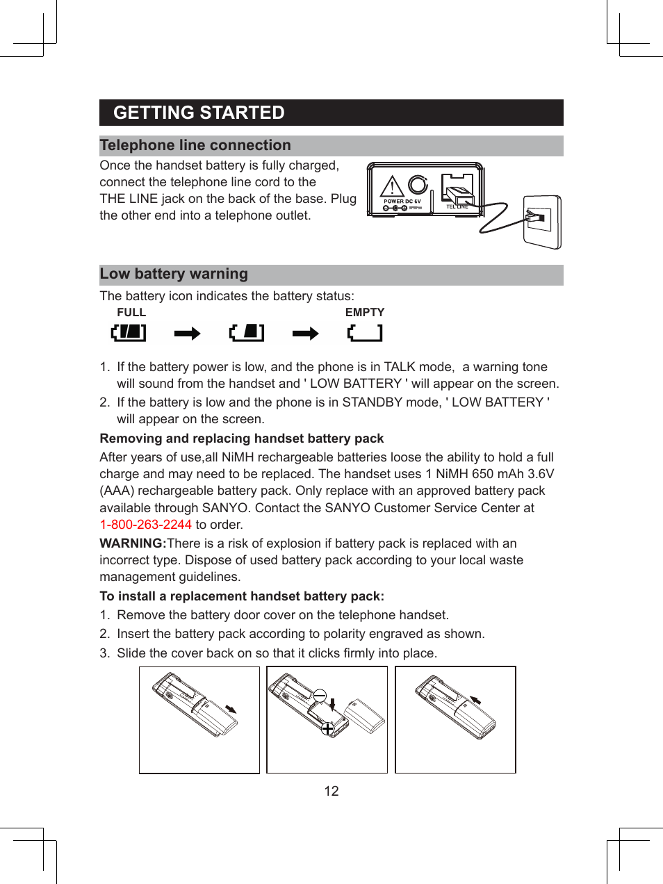 Getting.started, Telephone.line.connection, Low.battery.warning | Sanyo CLT-D6623(WH) User Manual | Page 12 / 43