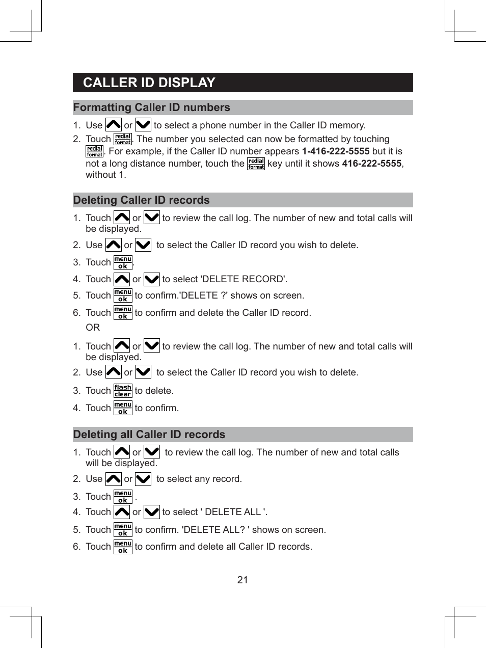 Caller.id.display | Sanyo CLT-D6623(WH) User Manual | Page 21 / 43