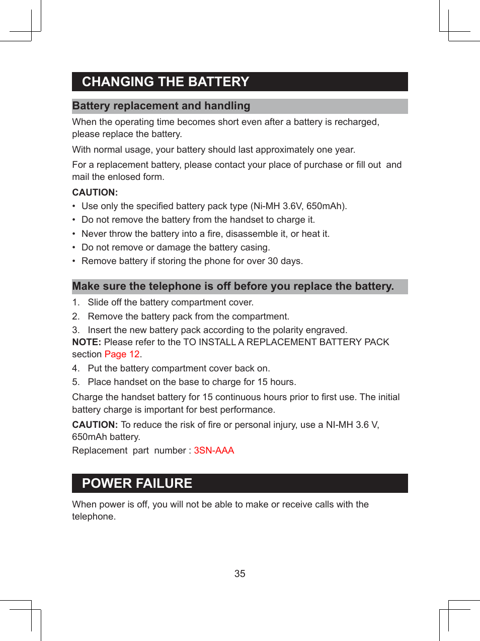 Changing.the.battery, Power.failure | Sanyo CLT-D6623(WH) User Manual | Page 35 / 43