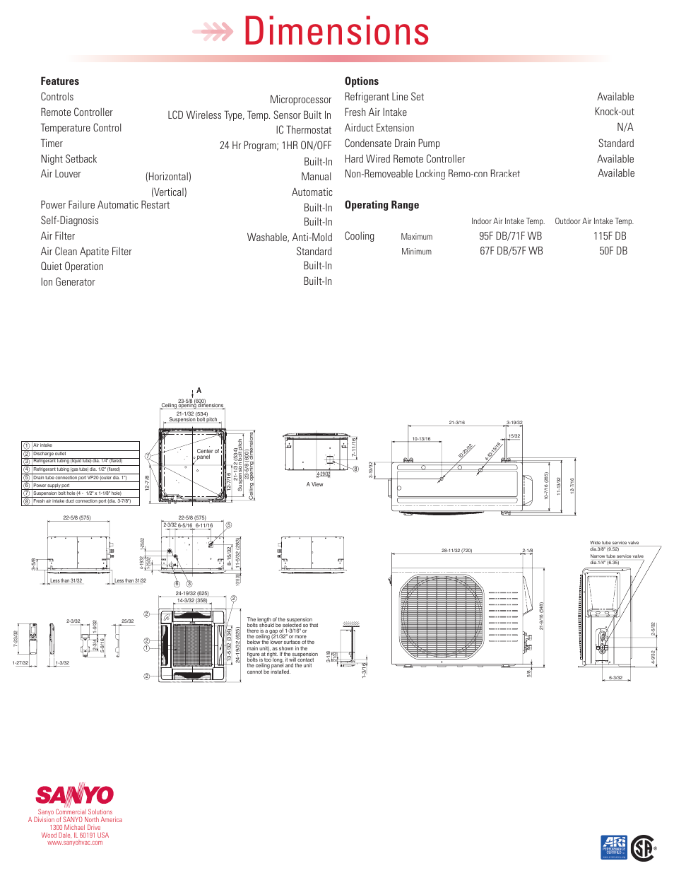 Dimensions, Cooling | Sanyo 18XS72 User Manual | Page 2 / 2