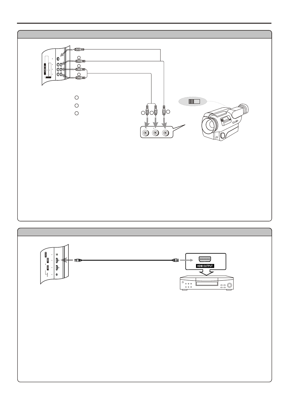 Connections, Continued) connect a camcorder, How to connect: to playback camcorder | Yellow (video) white (audio l) red (audio r ), Video cable or s-video, Audio cable, Dvd player with hdmi interface, Hdmi cable | Sanyo AVL-261 User Manual | Page 13 / 44