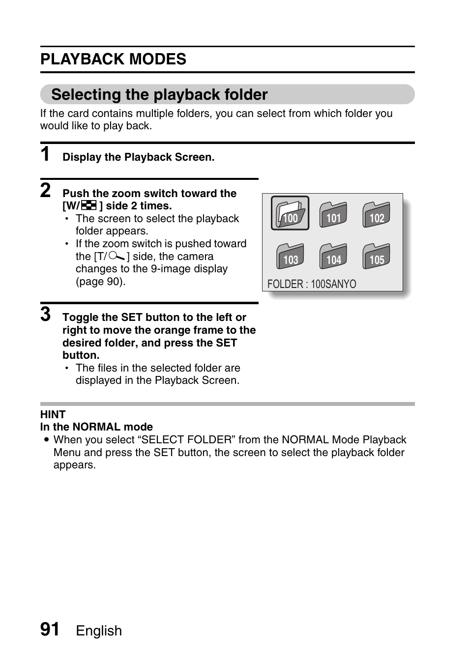 Playback modes selecting the playback folder | Sanyo VPC-HD1010GX User Manual | Page 110 / 251