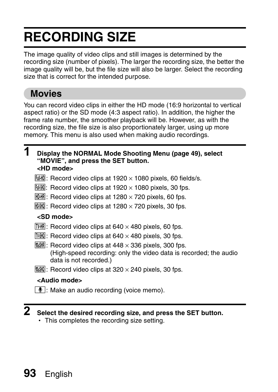 Recording size, Movies | Sanyo VPC-HD1010GX User Manual | Page 112 / 251