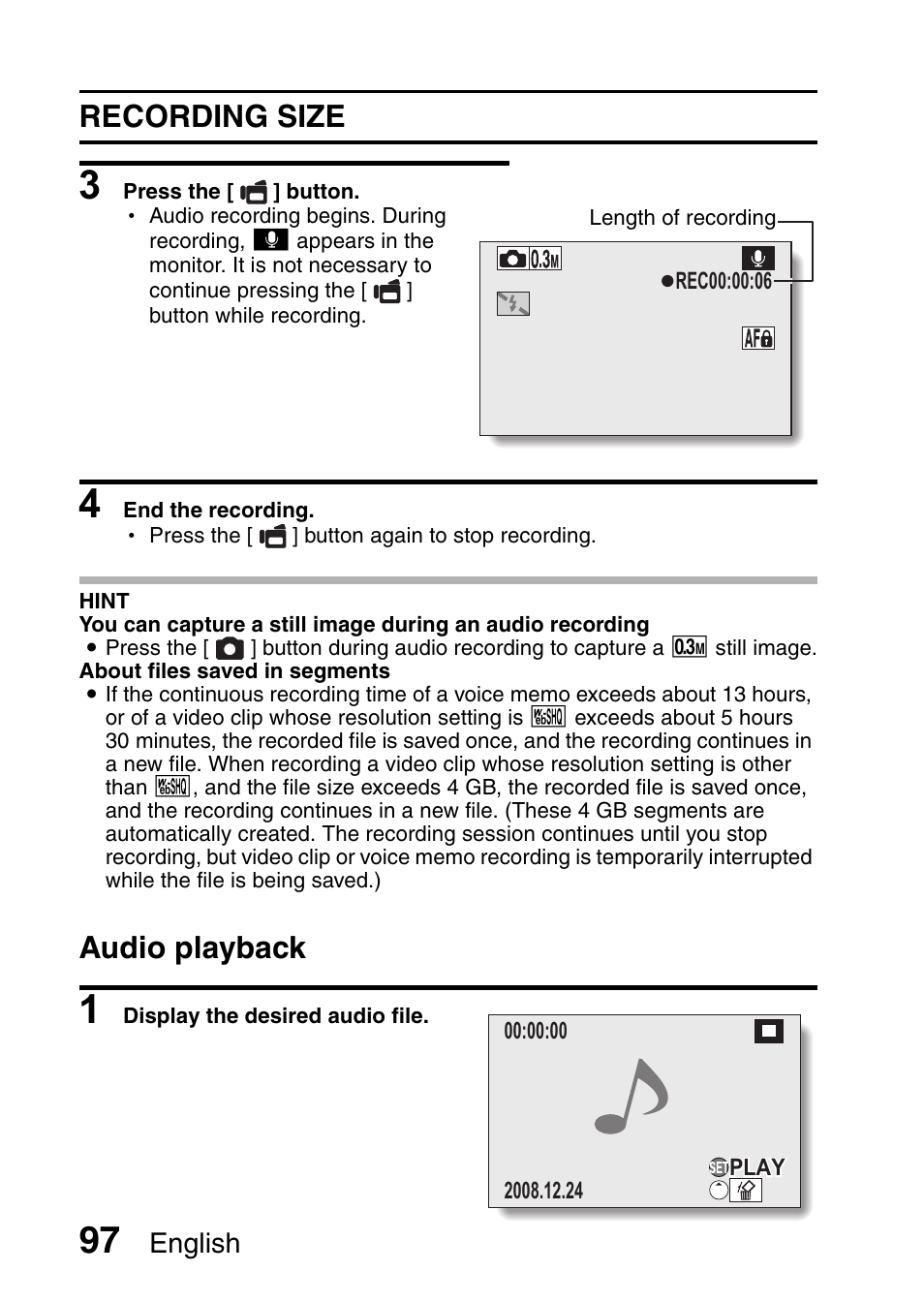 Recording size, Audio playback | Sanyo VPC-HD1010GX User Manual | Page 116 / 251
