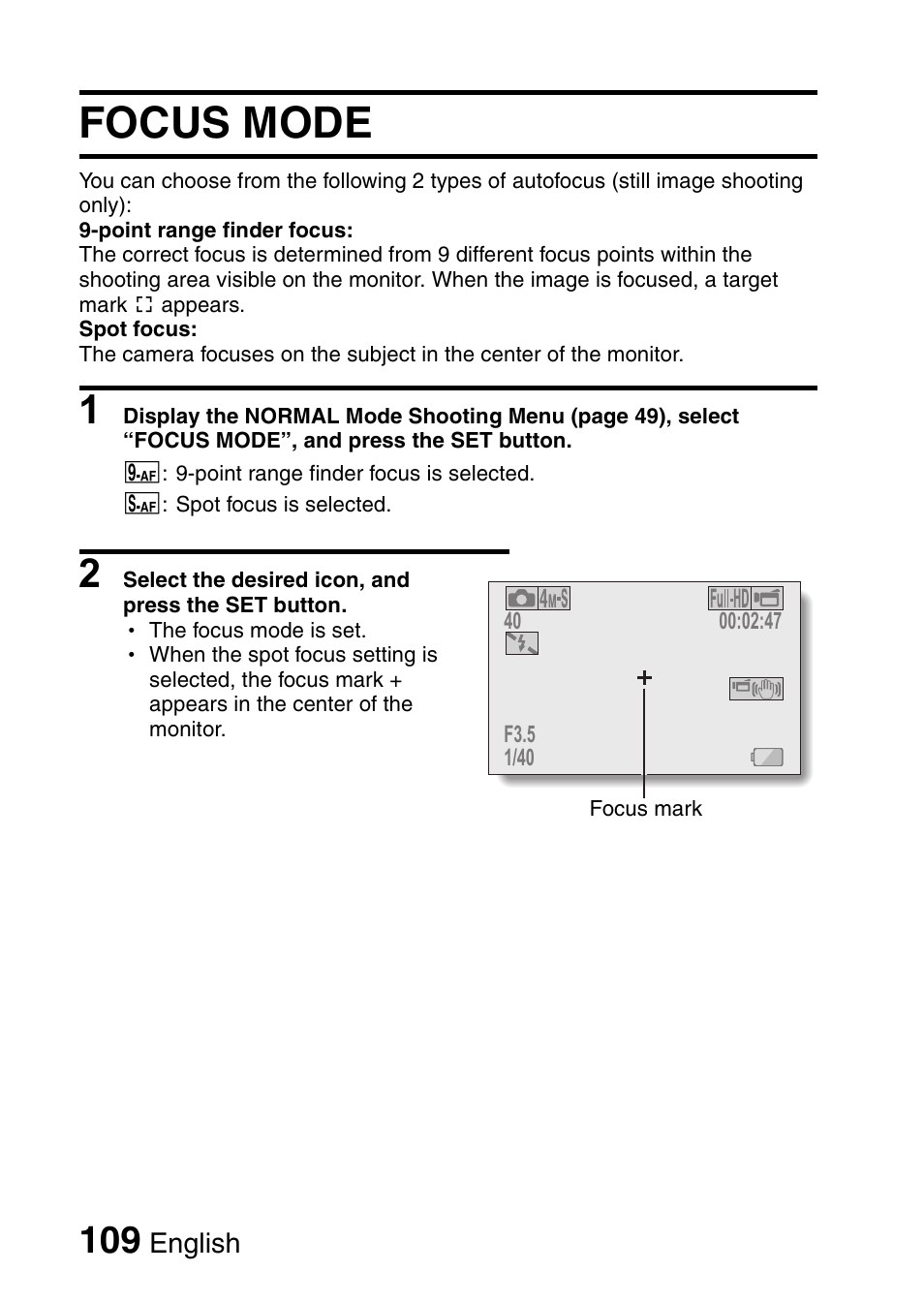 Focus mode | Sanyo VPC-HD1010GX User Manual | Page 128 / 251